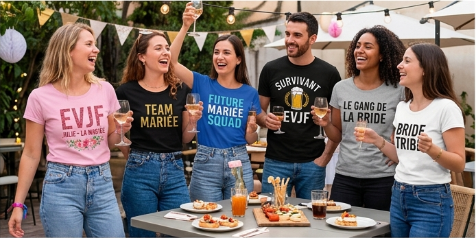 Groupe d'amis portant des t-shirts personnalisés EVJF et EVG, brodés Team Mariée, Future Mariée Squad, Survivant EVJF