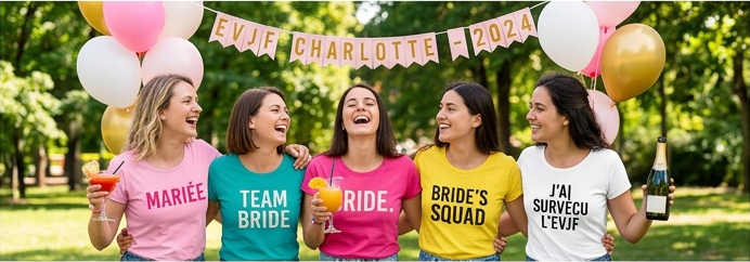 Groupe de cinq amies en t-shirts personnalisés EVJF colorés : Mariée, Team Bride, Bride's Squad, J'ai survécu l'EVJF