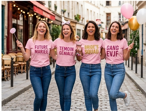 Quatre amies en t-shirts roses personnalisés EVJF dans une rue pavée : Future Mariée, Témoin Géniale, Bride's Squad, Gang EVJF