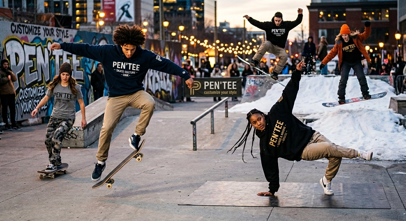 Crew portant des sweats et t-shirts personnalisés Pen'Tee — skate park urbain, textile imprimé en France
